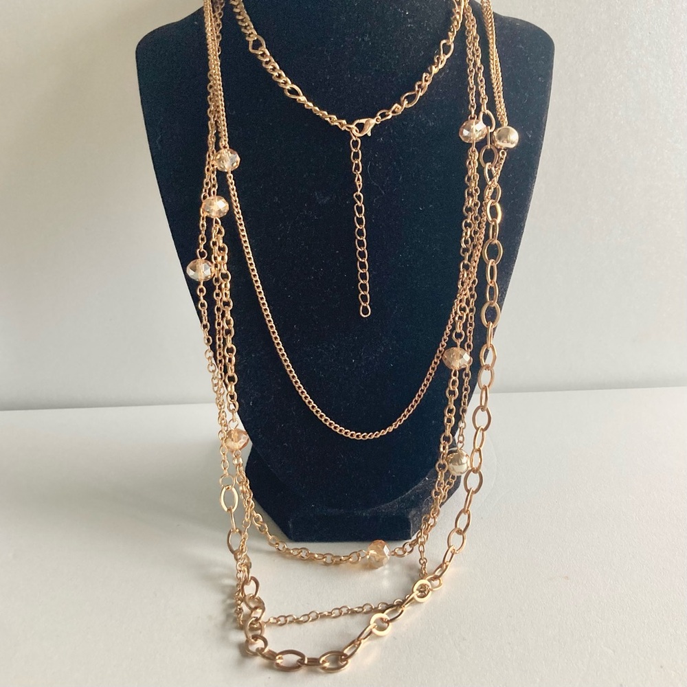Long Layered Gold-Tone Multi-Chain Necklace with faceted ab bead Accents